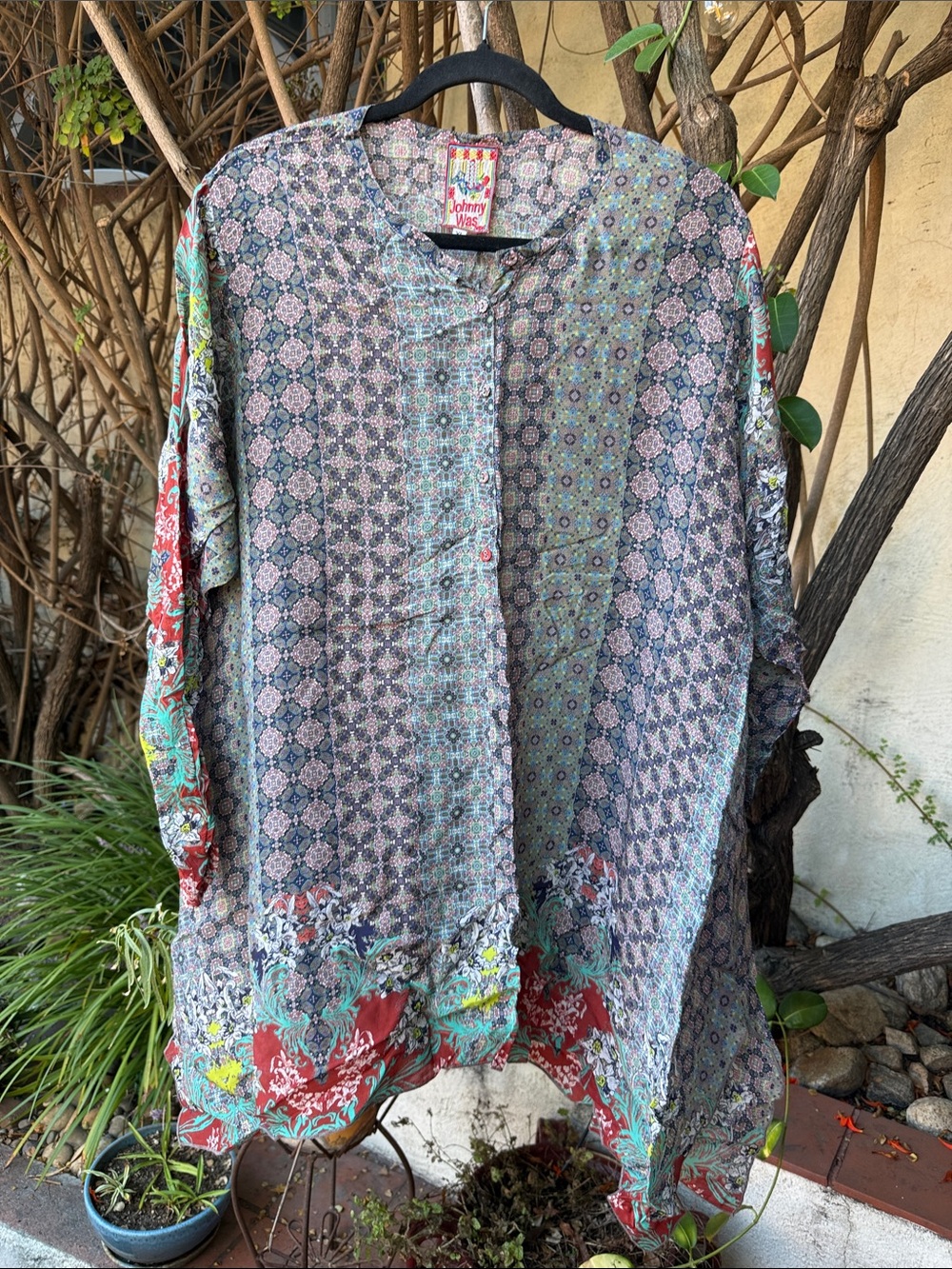 Johnny Was Multicolored Patchwork Print Tunic Top